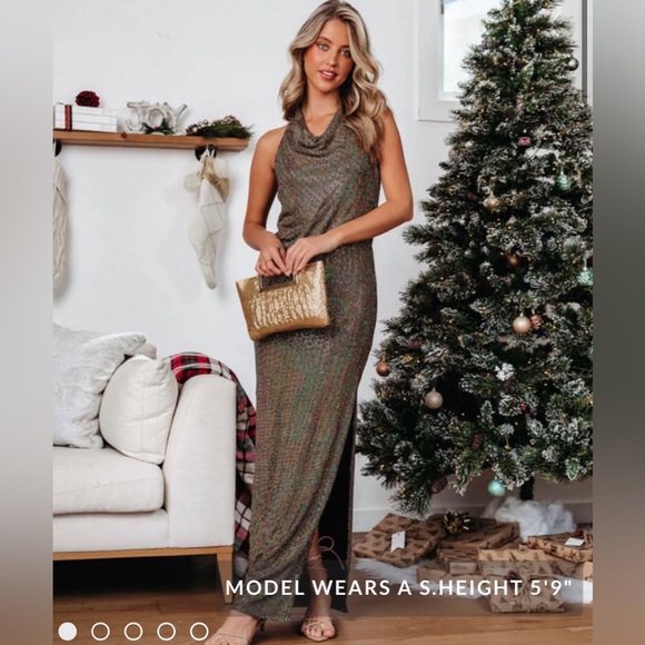 VICI Disco Fever shimmer long dress w/ slit & draped halter cowl neckline. NEW L - Picture 2 of 12